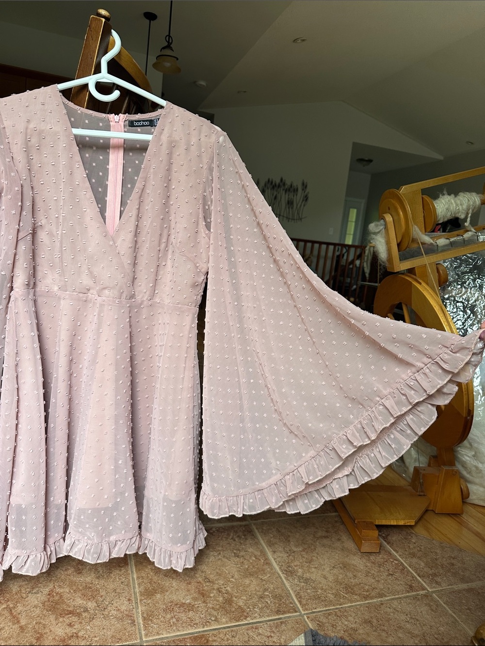 Boohoo Dusty Pink Swiss Dot Ruffle V-Neck Mini Dress